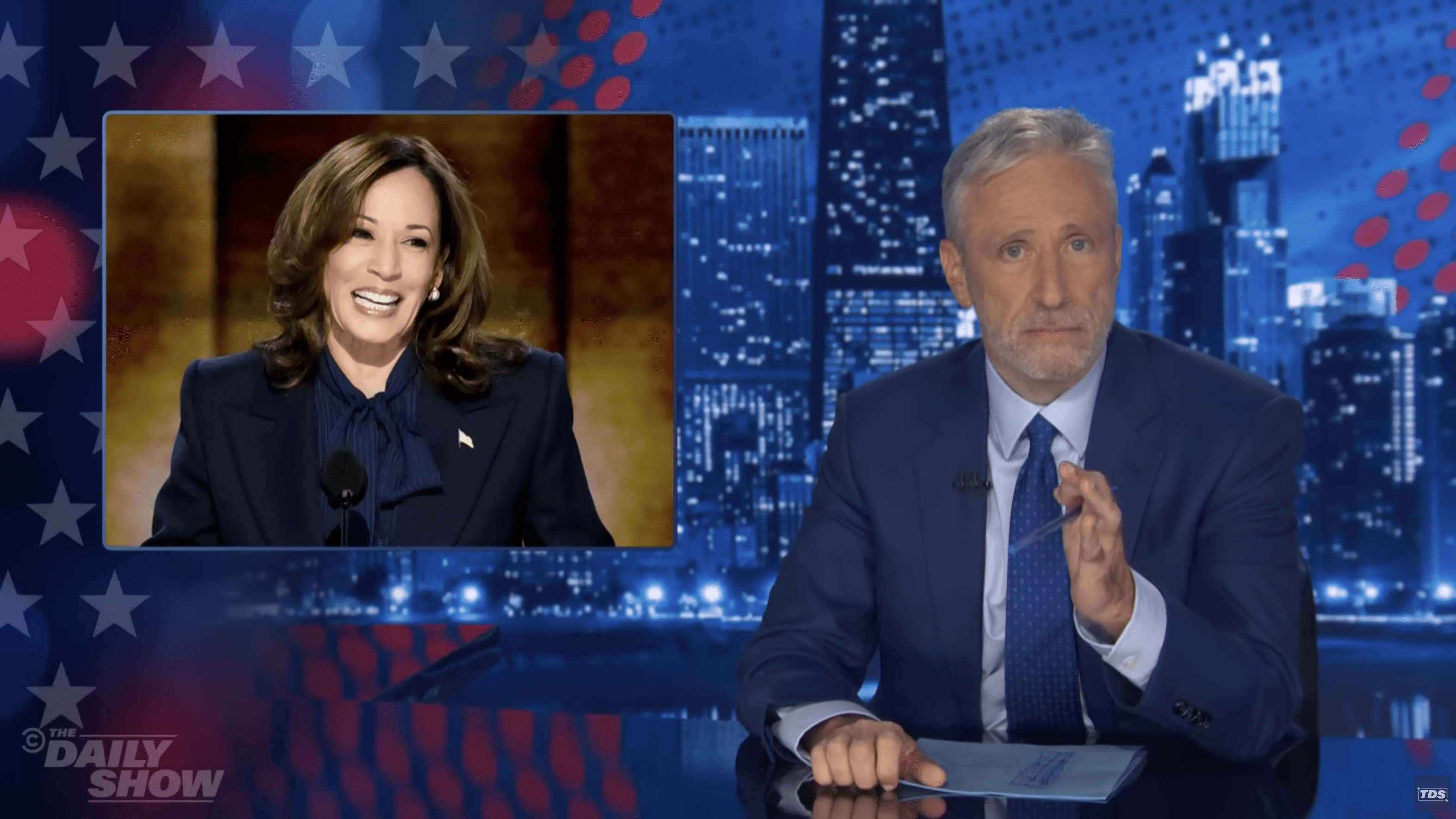Kamala Harris and Jon Stewart