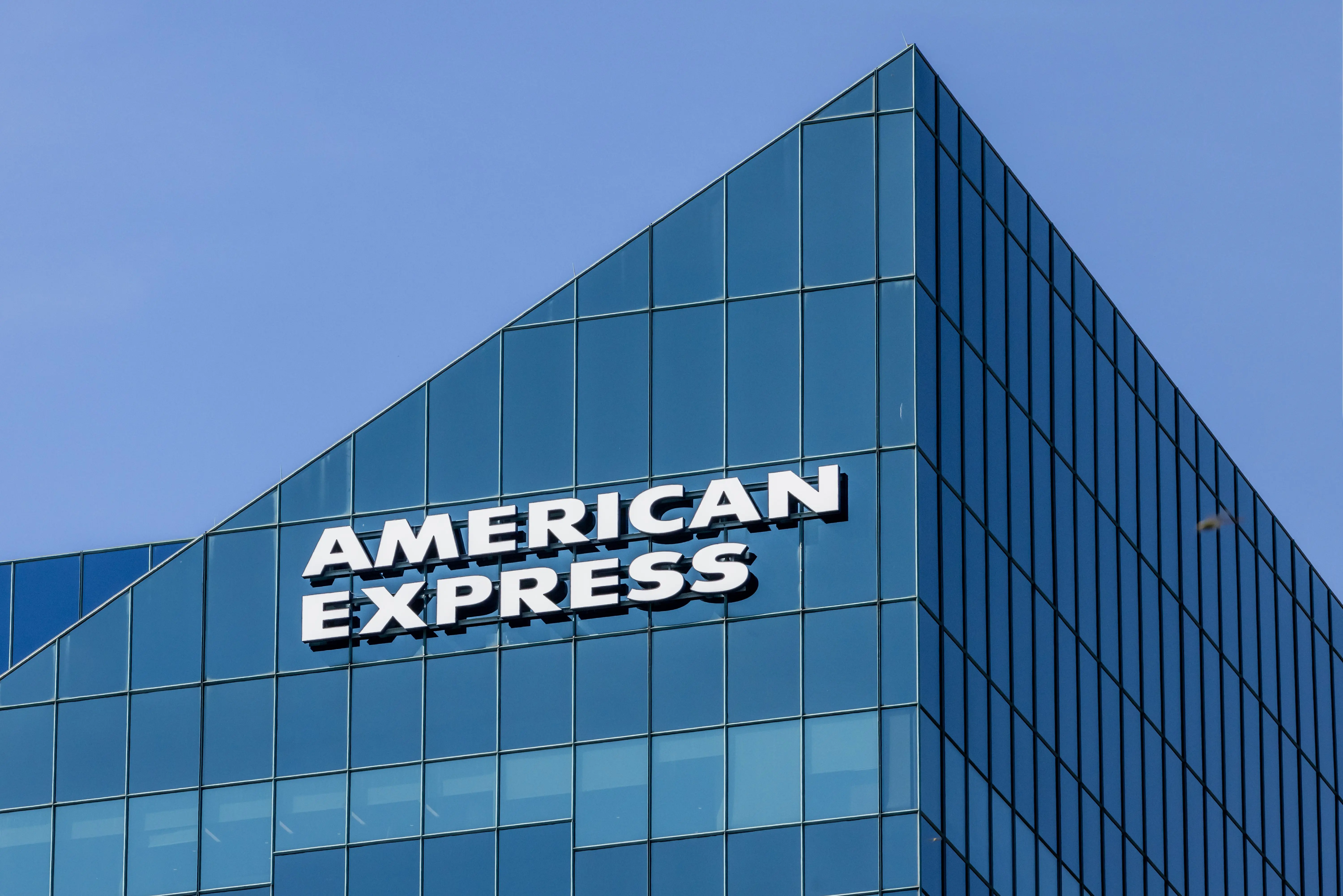 Toronto, Canada, September 10, 2024; The American Express name sign without the logo on a glass high rise office building in Toronto American Express Building