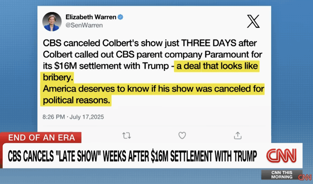 Sen. Elizabeth Warren calls out CBS for Trump Bribery