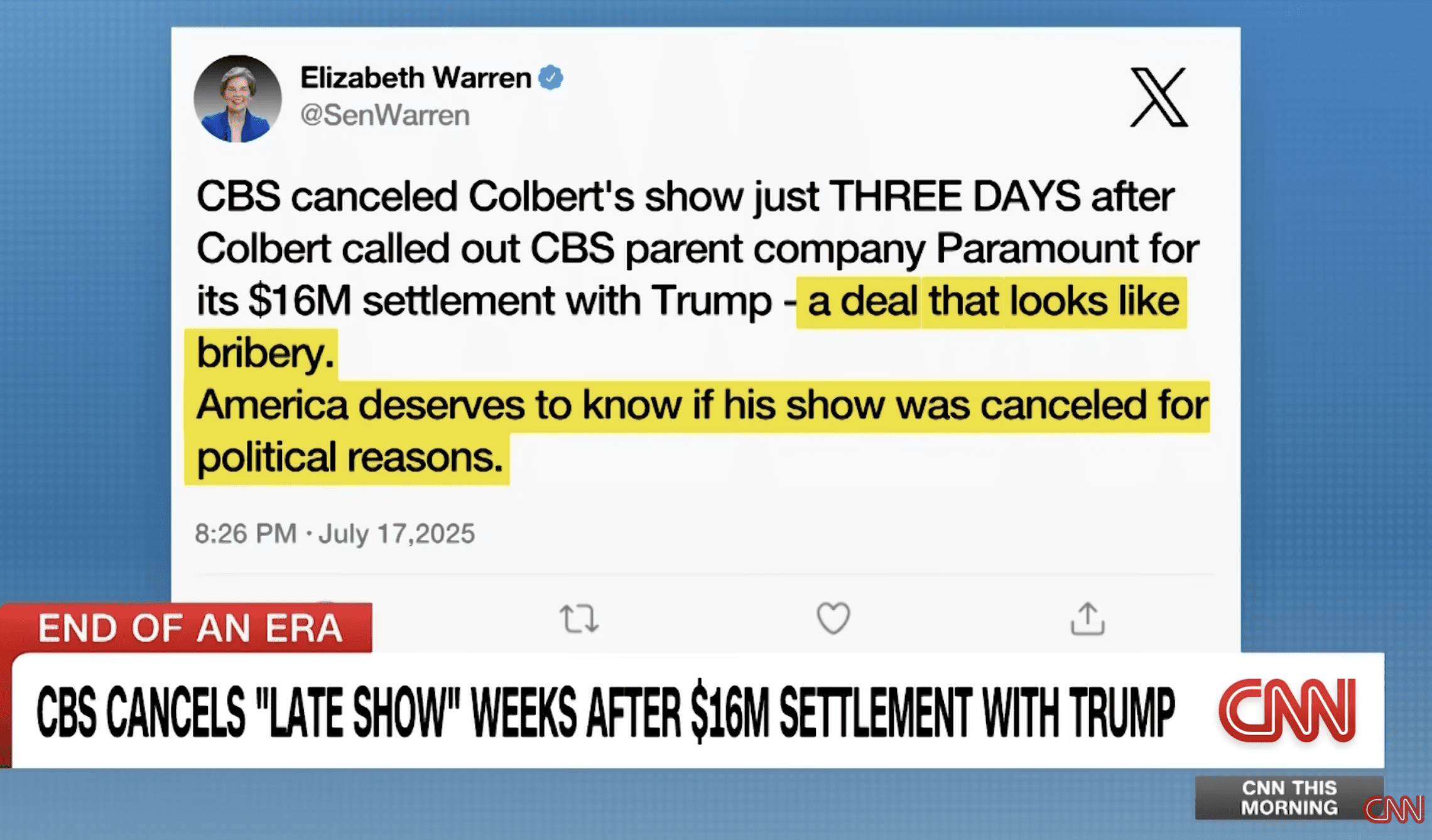 Sen. Elizabeth Warren calls out CBS for Trump Bribery