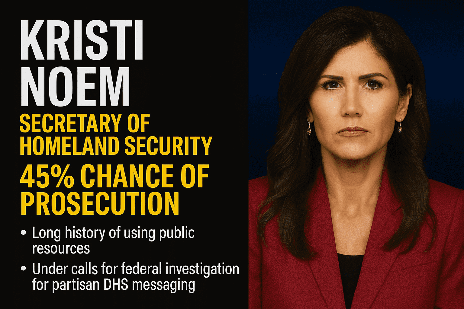 Kristi Noem: Secretary of Homeland Security 45% Chance of Prosecution