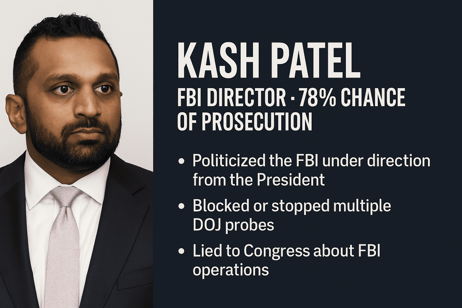 Kash Patel: FBI Director 78% Chance of Prosecution 