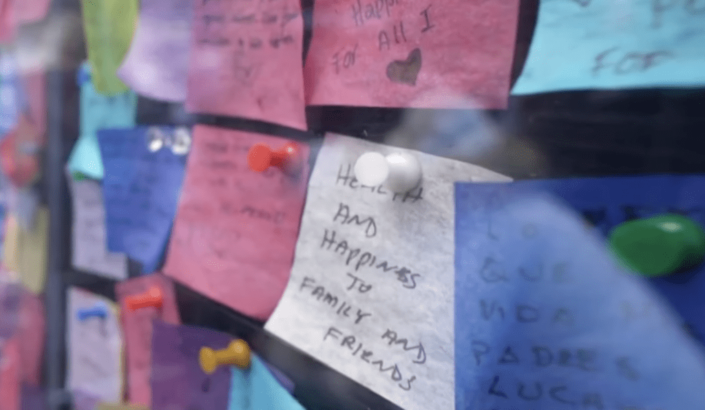 Wishes of hope written on Times Square
