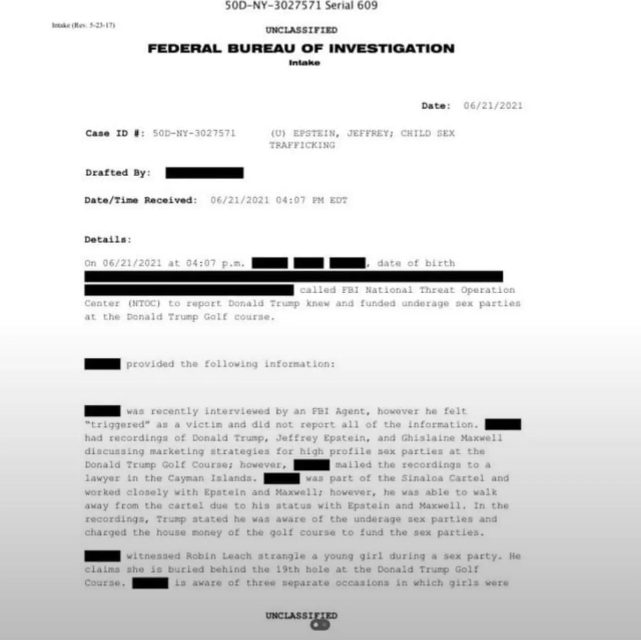 Epstein Files: FBI Files on Donald Trump Suggesting Murdered Girls Are Buried on Trump's Golf Courses