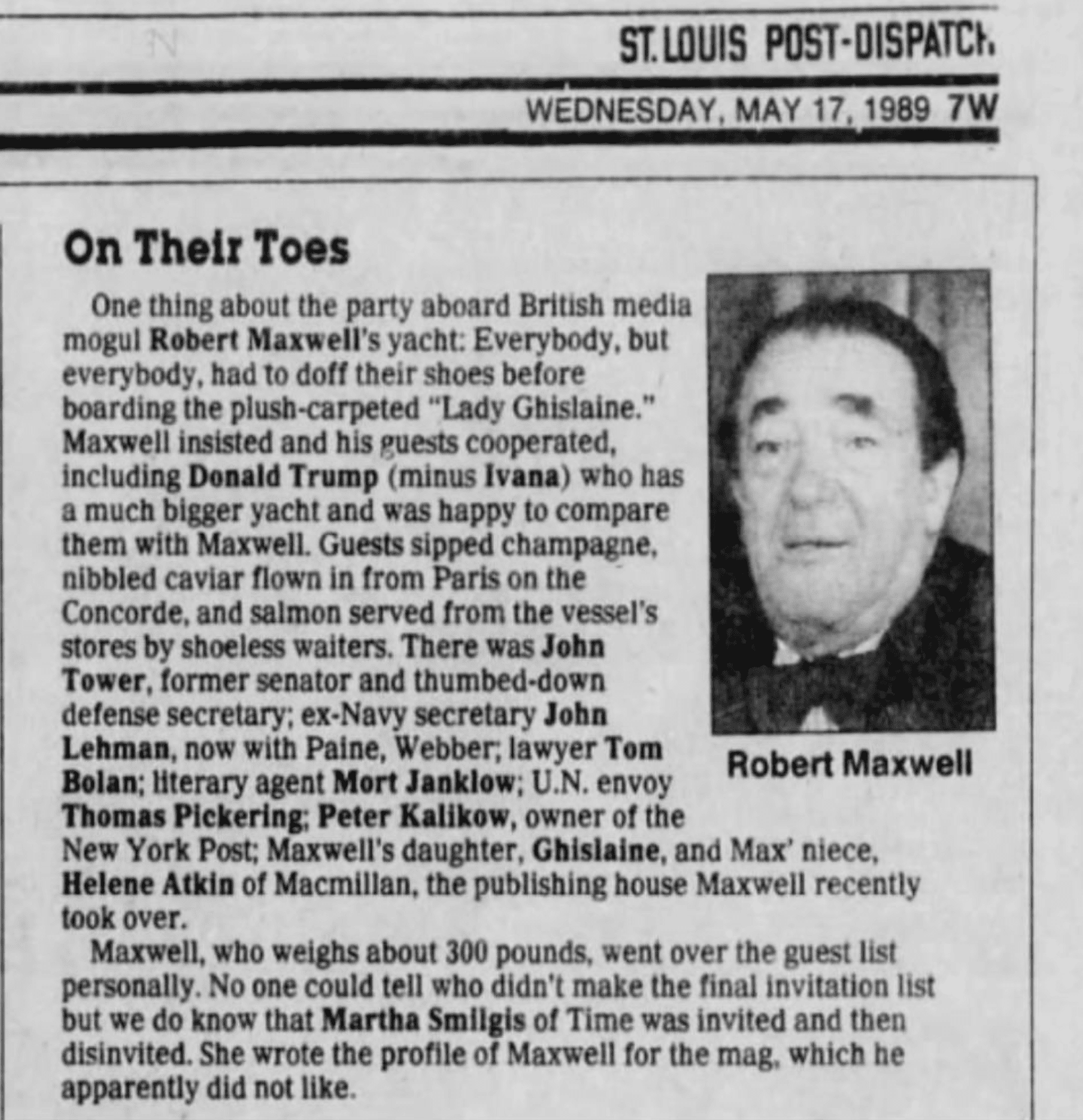 Robert Maxwell and Trump at Yacht Party in 1989 - Newspaper