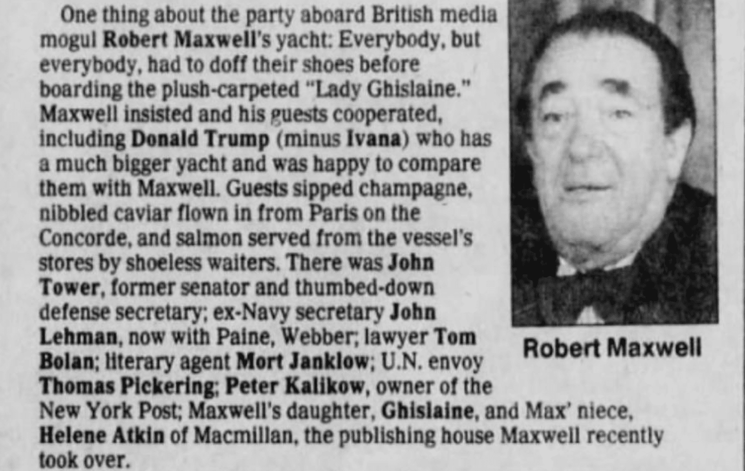 Robert Maxwell and Donald Trump at Yacht Party in 1989 - Newspaper
