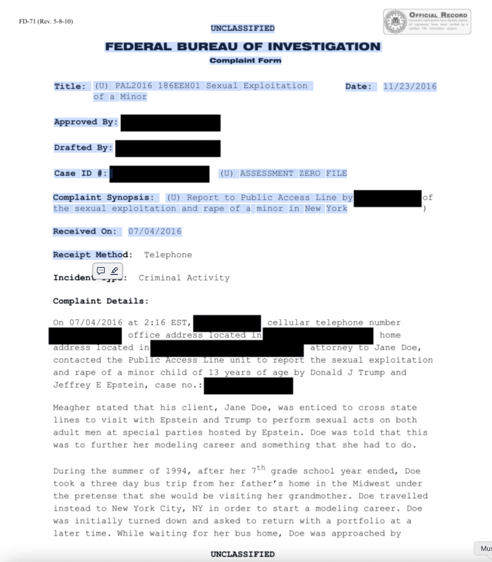 Epstein Files: Trump & Epstein Rape of a Minor FBI Document - Number EFTA01683591 - 1