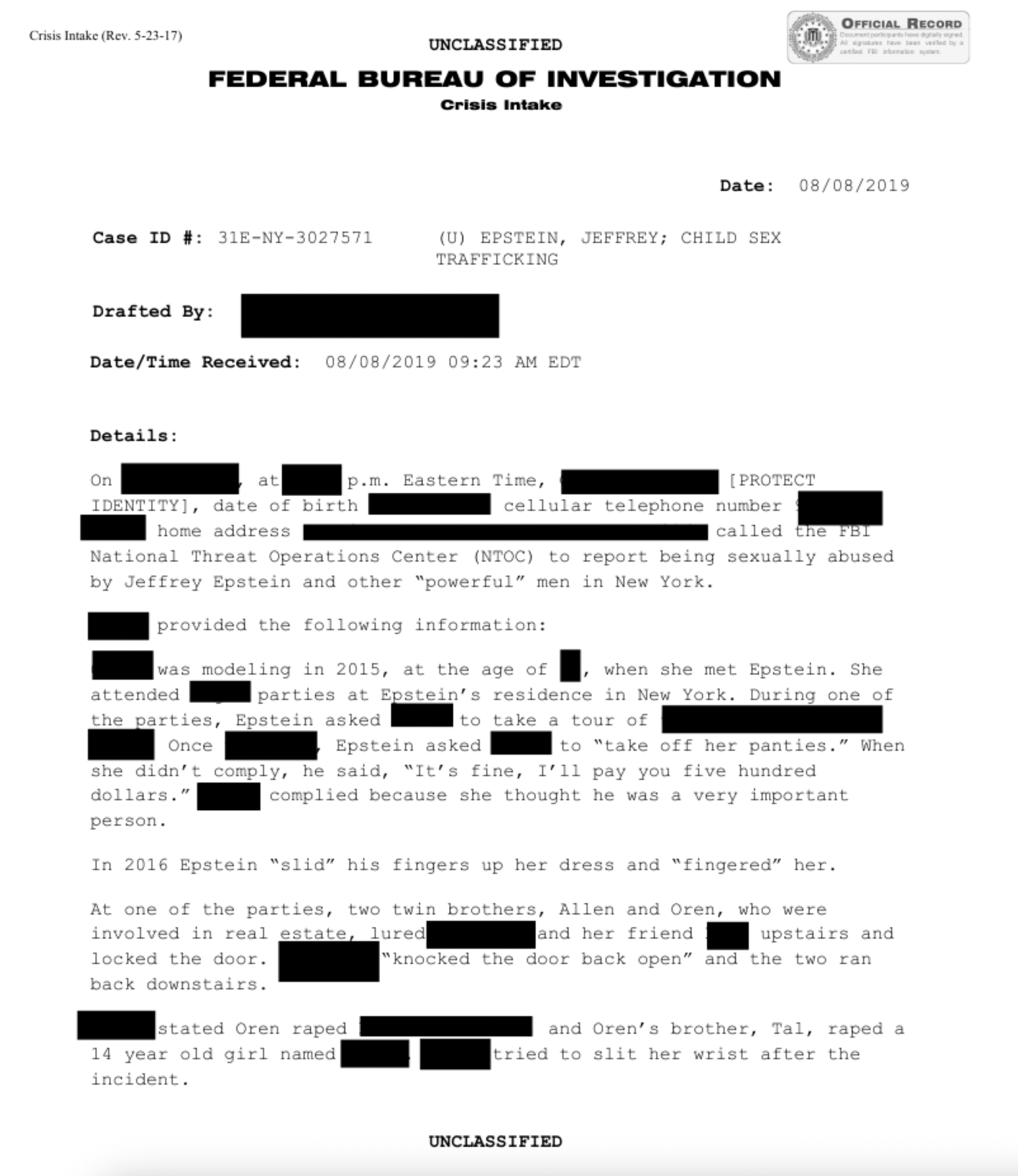 Epstein Files: Trump & Clinton - UNCLASSIFIED FBI INTAKE REPORT
Case ID: 31E-NY-3027571 - 1