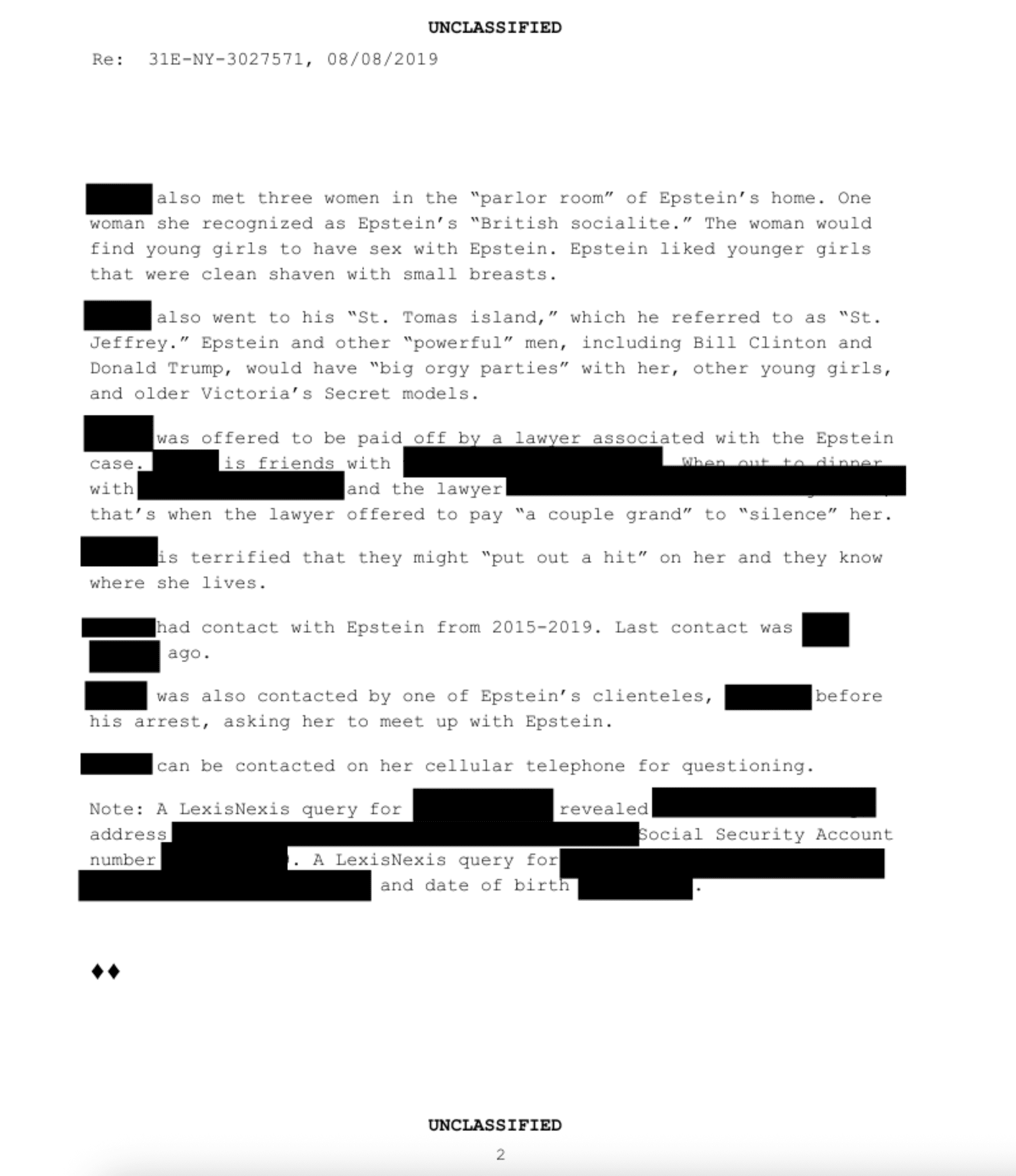 Epstein Files: Trump & Clinton - UNCLASSIFIED FBI INTAKE REPORT Case ID: 31E-NY-3027571 - 2 Epstein Files: Trump & Clinton - UNCLASSIFIED FBI INTAKE REPORT
Case ID: 31E-NY-3027571 - 2