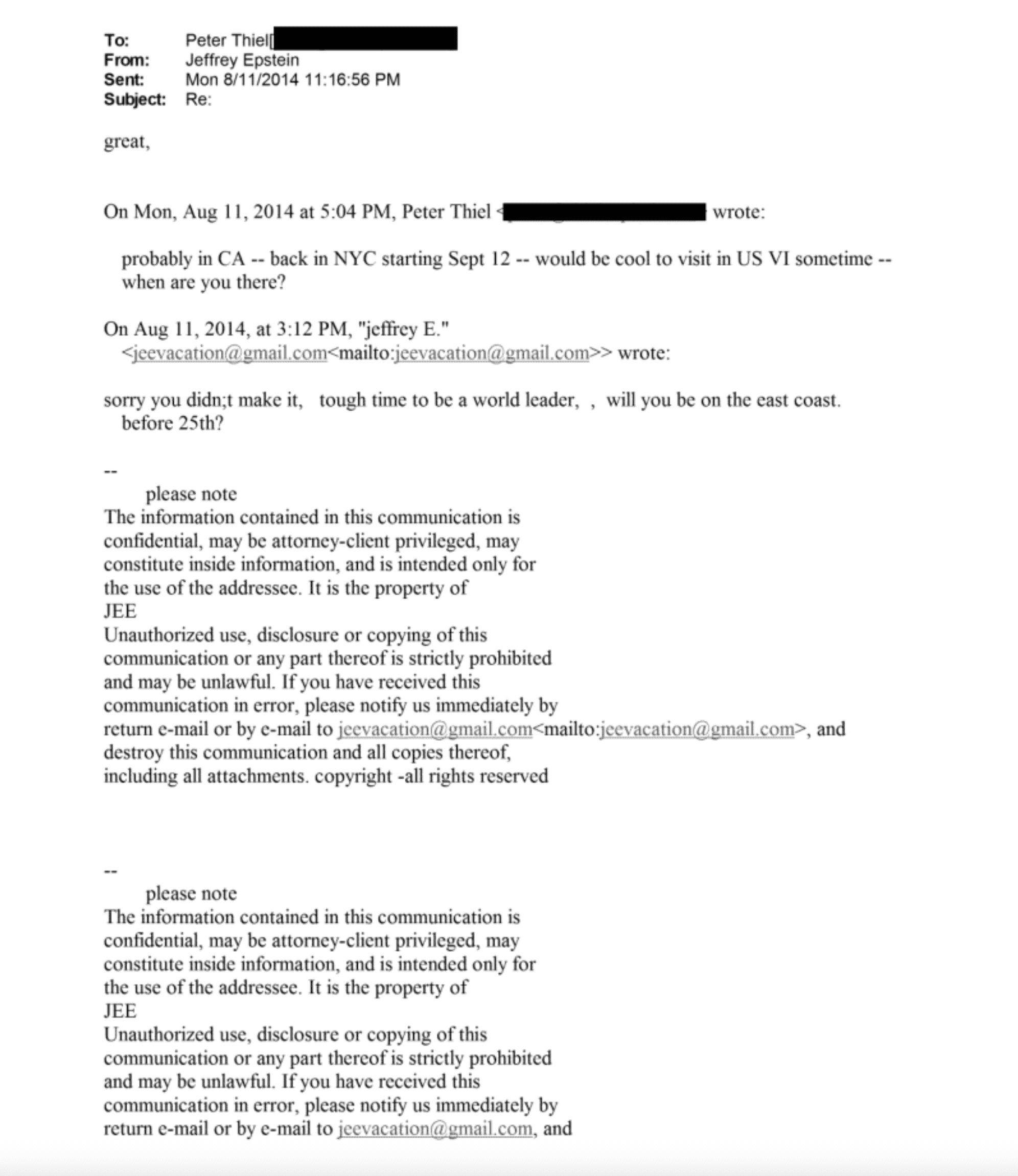 Epstein Emails to Peter Theil Epstein Emails to Peter Theil