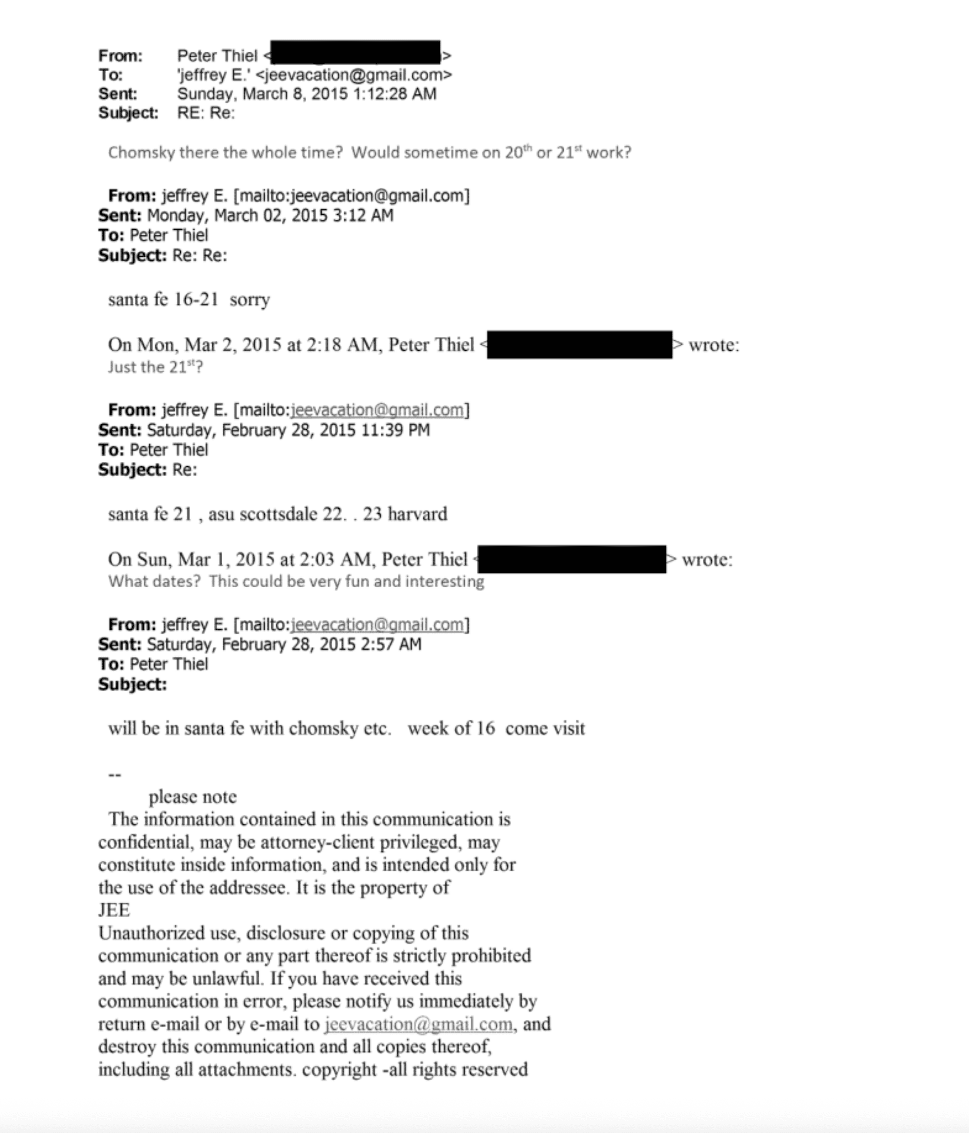 Jeffrey Epstein emails to Peter Theil investor