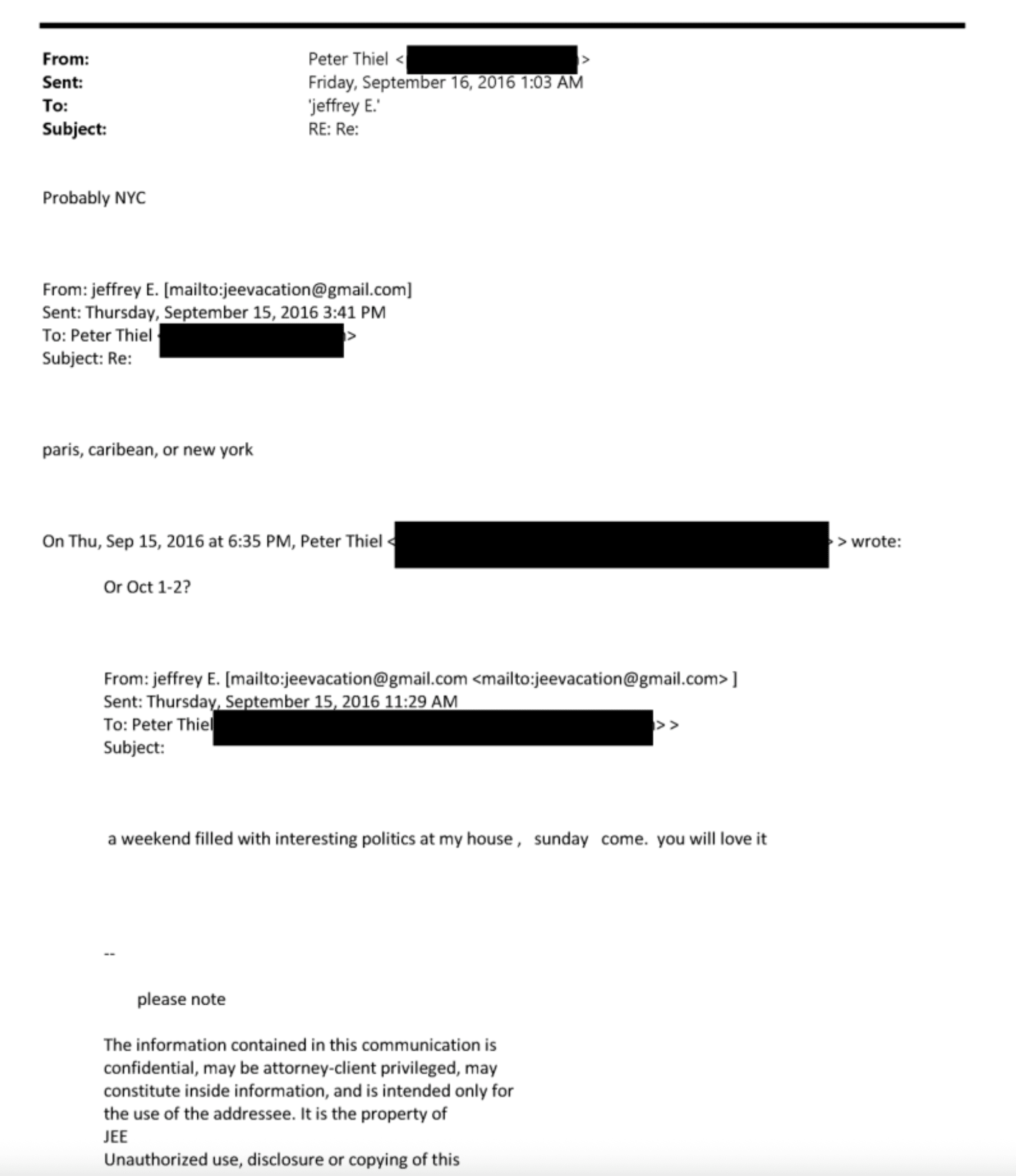 Jeffrey Epstein emails to Peter Theil of Meta