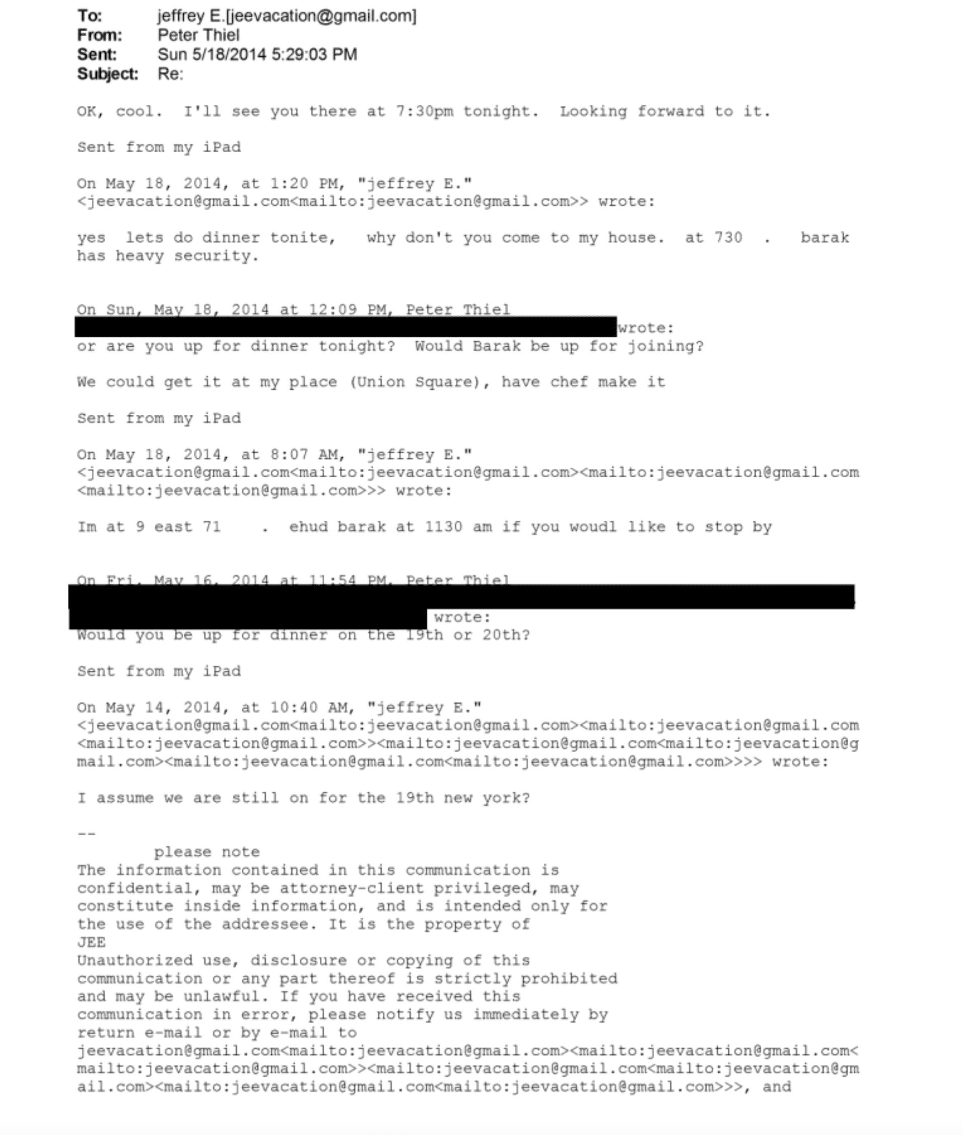 Epstein Files to Peter Theil of Meta