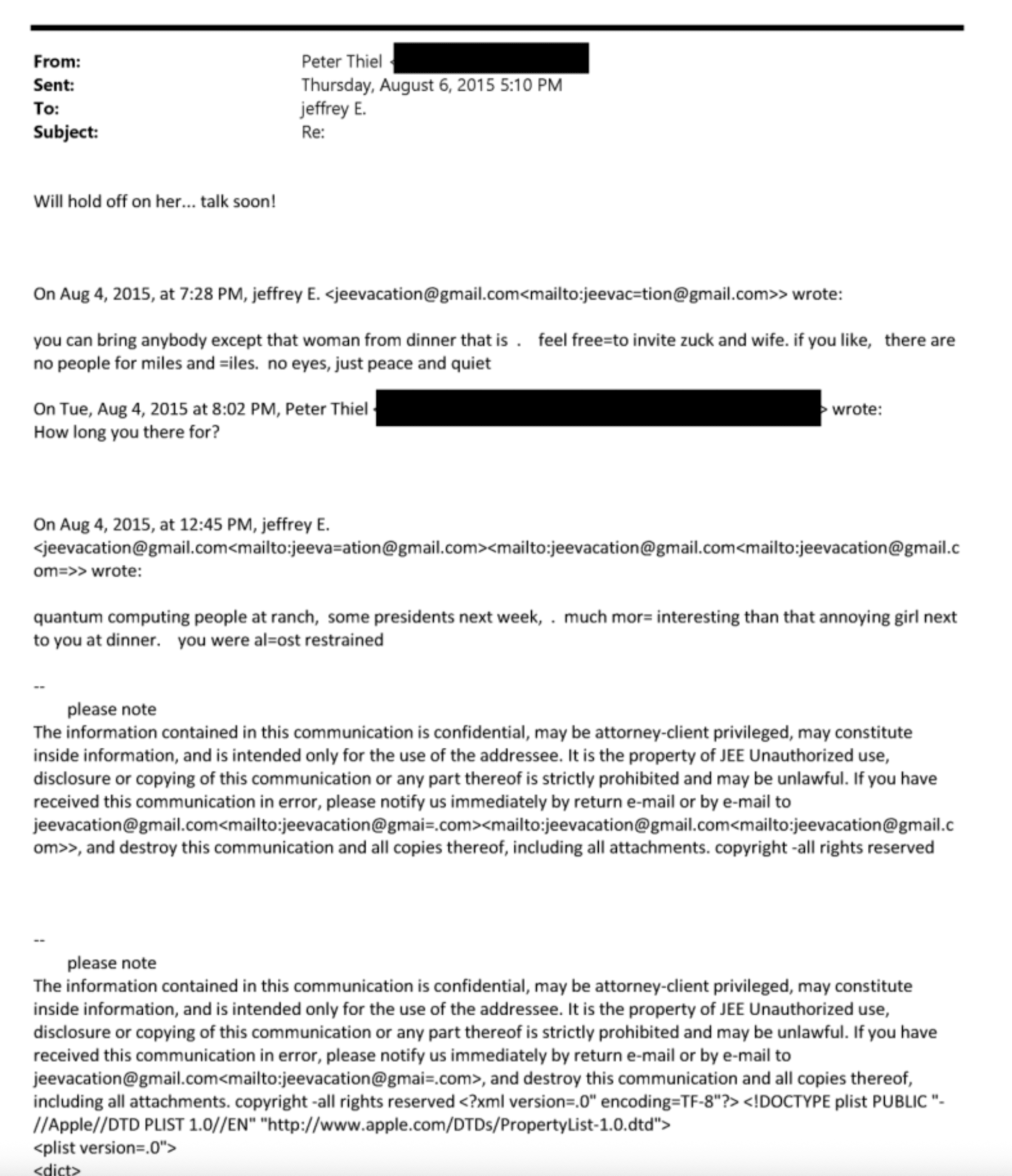 Jeffrey Epstein and Peter Theil Emailed Messages 