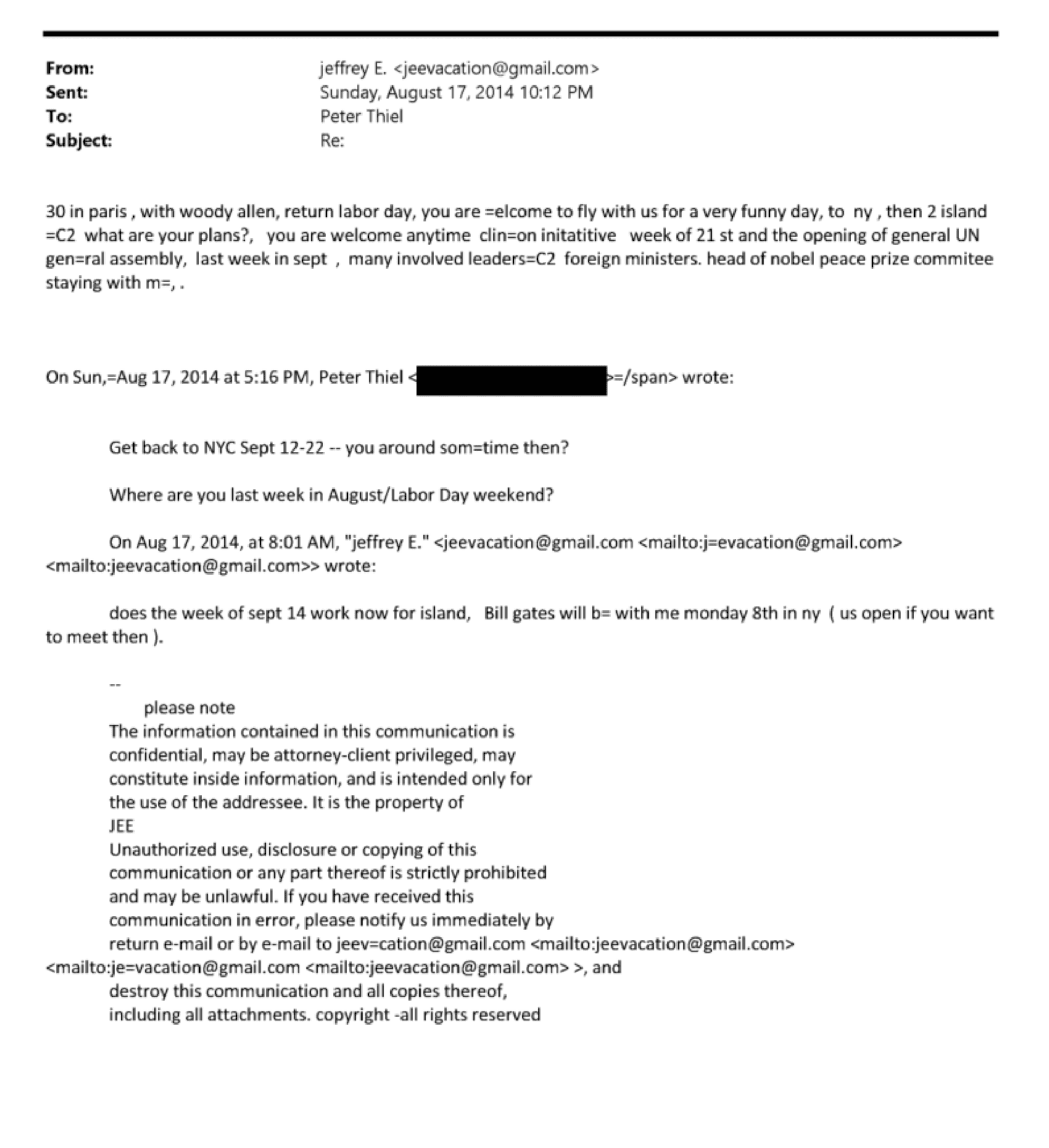 Jeffrey Epstein and Peter Theil Email Messages 