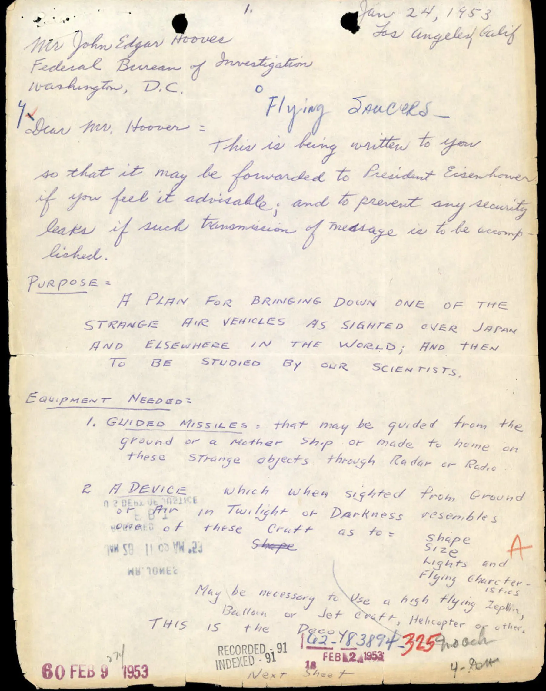 Hand written letter with plan to shoot down flying saucers sent to J. Edgar Hoover. 