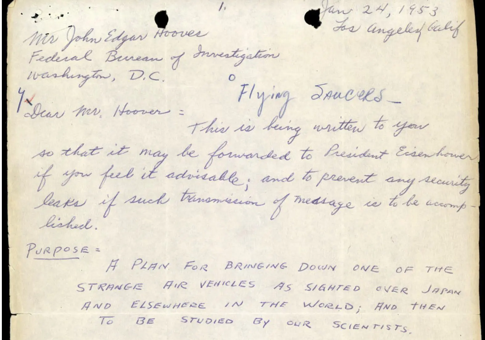 J. Edgar Hoover Letter to shoot down UFOS