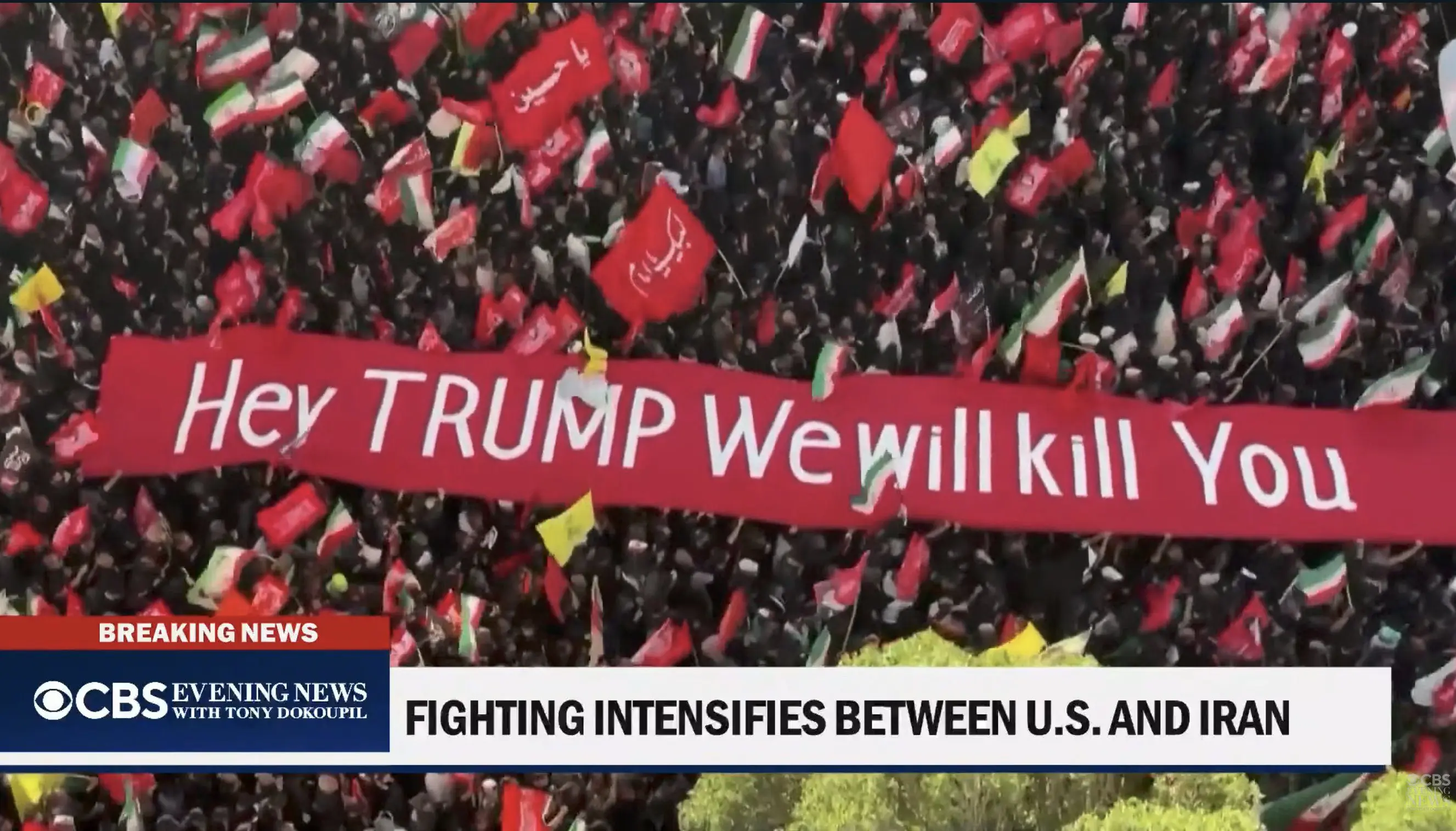 Hey Trump We Will Kill You Banner in Iran