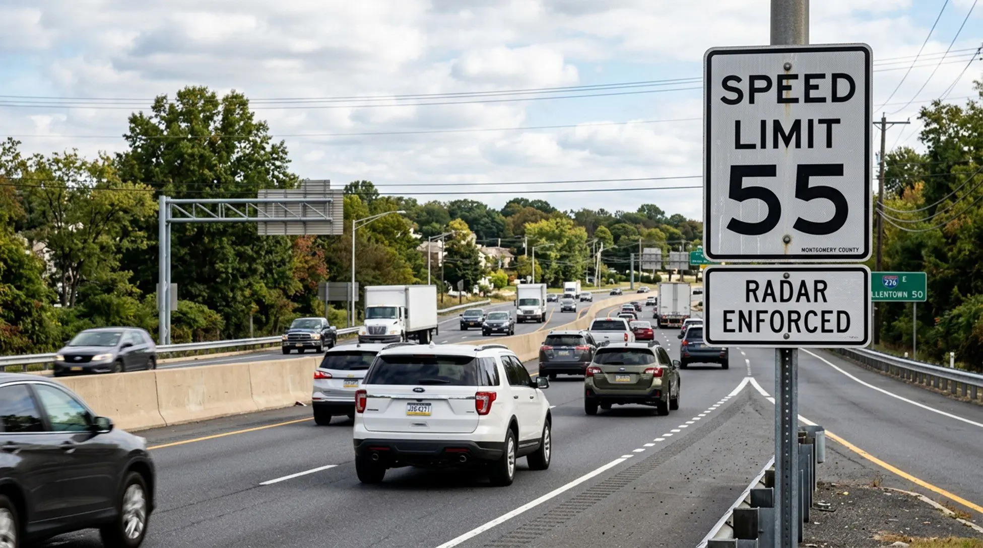 A Pennsylvania highway speed limit sign and traffic lane in Montgomery County, illustrating traffic violation defense and PennDOT point rules.