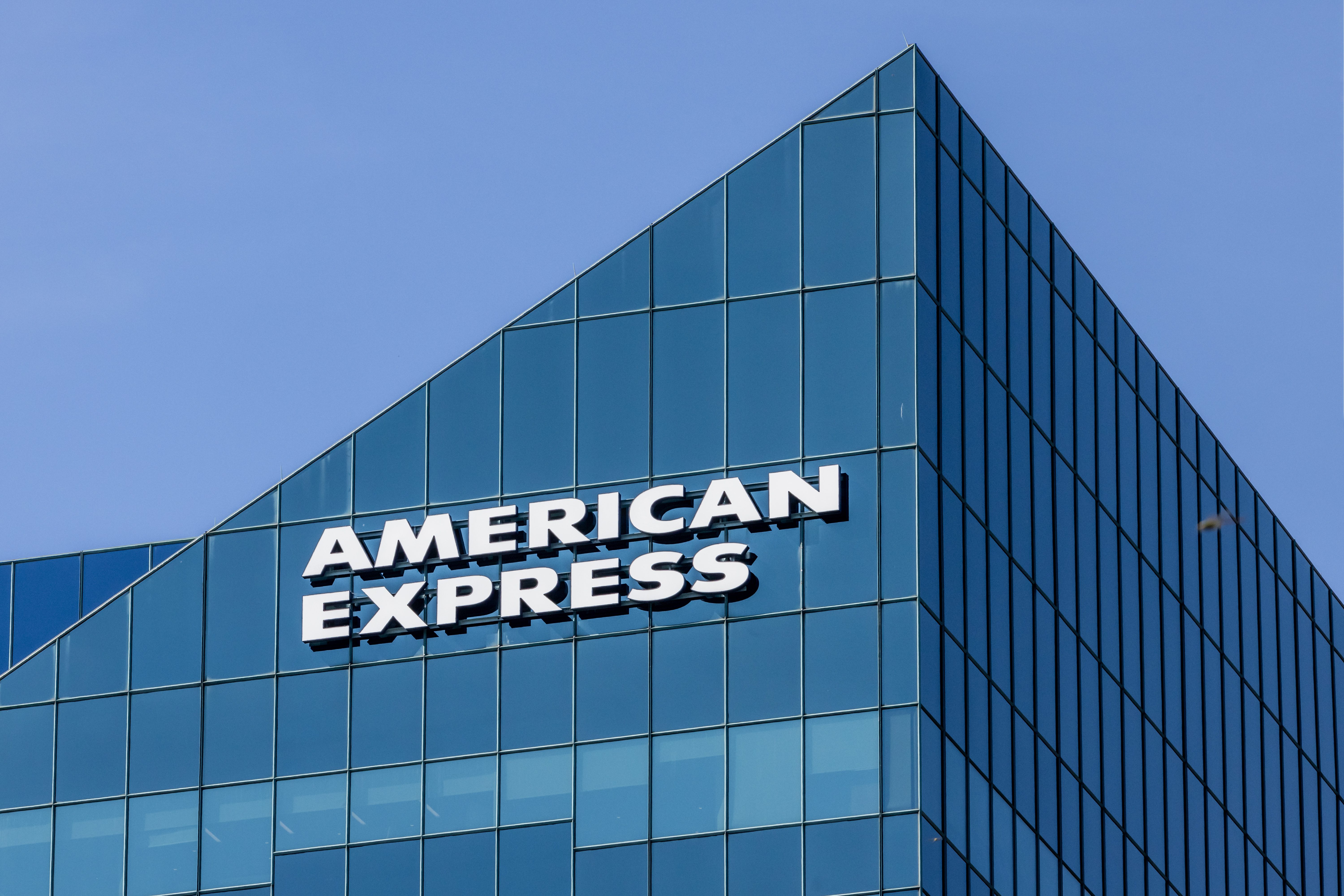 Toronto, Canada, September 10, 2024; The American Express name sign without the logo on a glass high rise office building in Toronto American Express Building