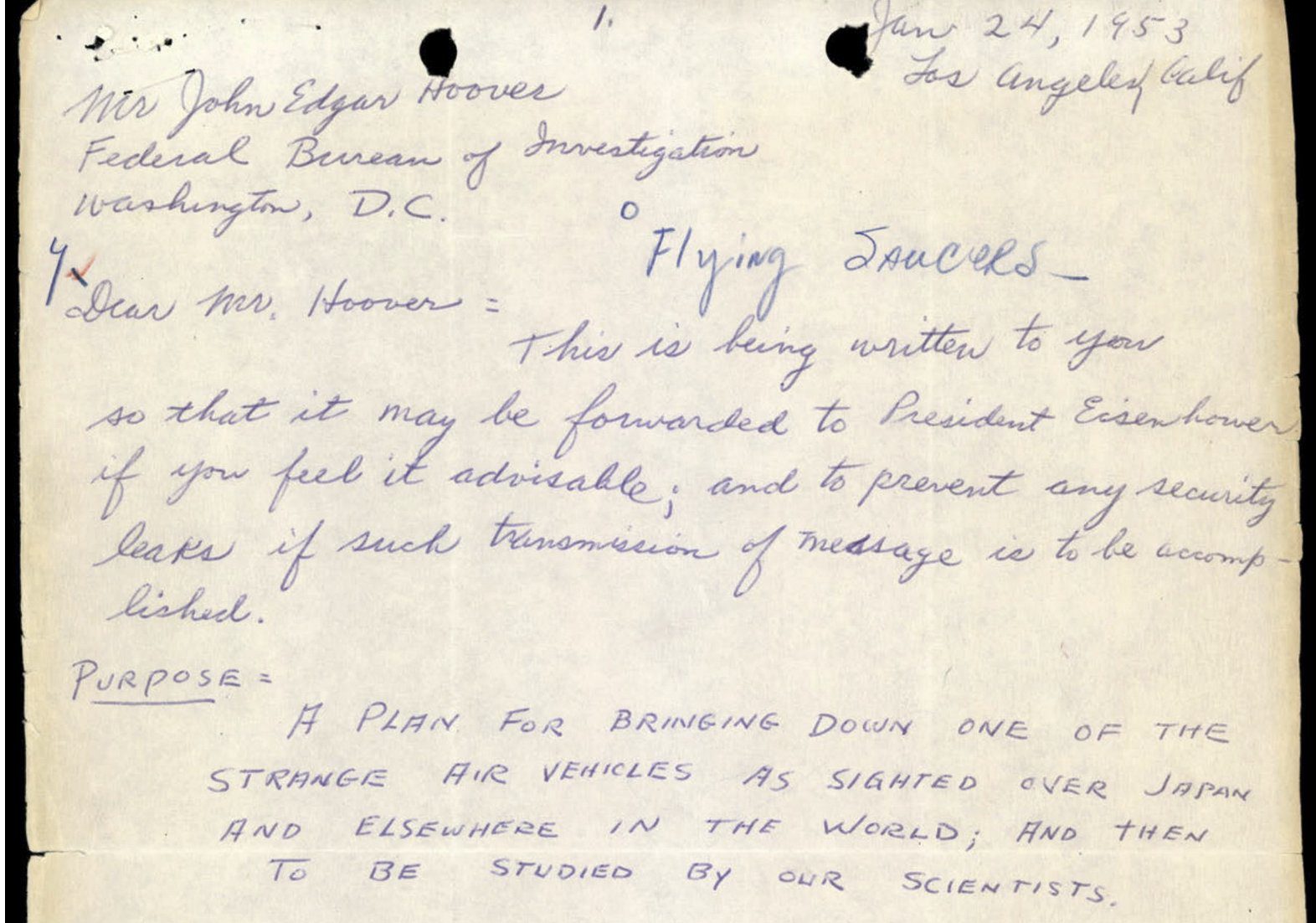 J. Edgar Hoover Letter to shoot down UFOS