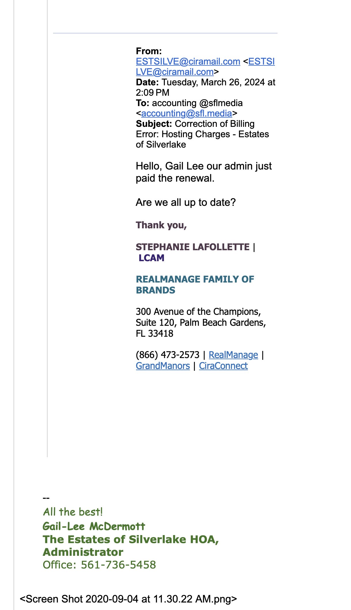 Email from Estates of Silverlake 