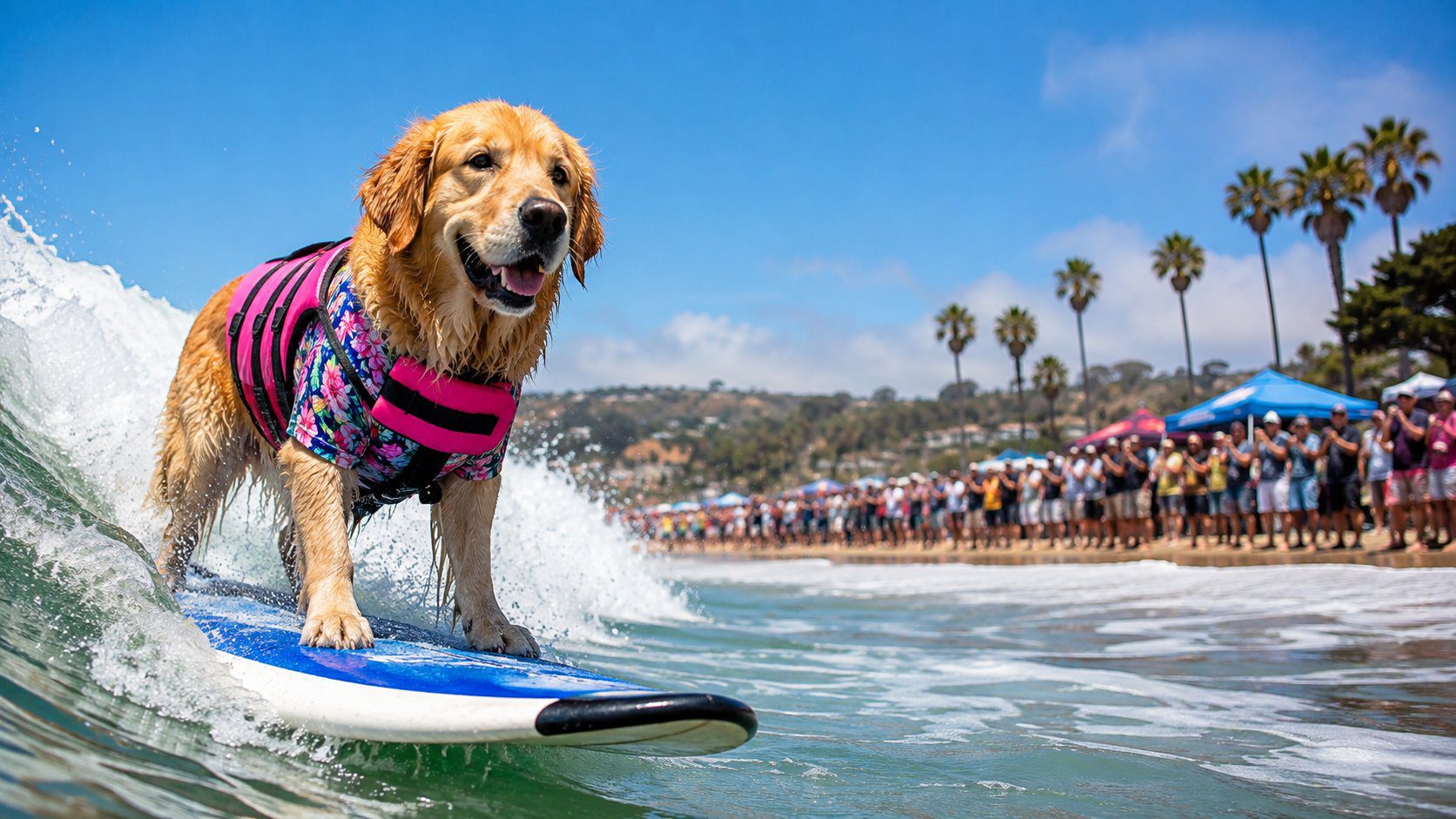 Pup surfs