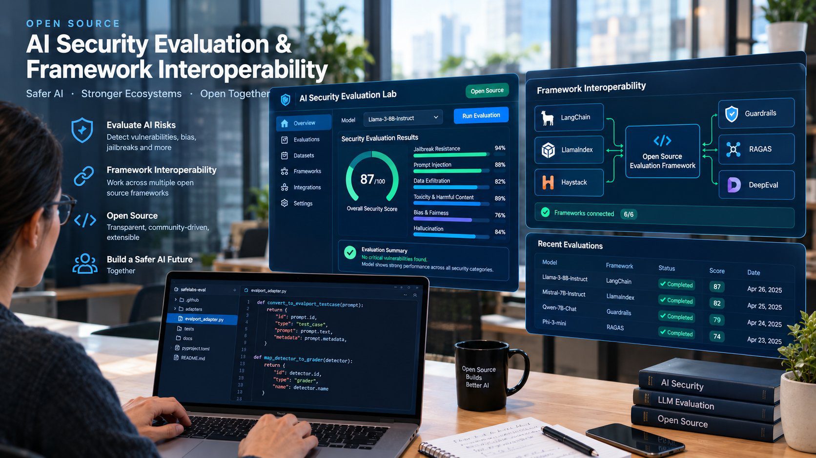 Isometric digital lab interface showcasing open source AI security evaluation and framework interoperability.