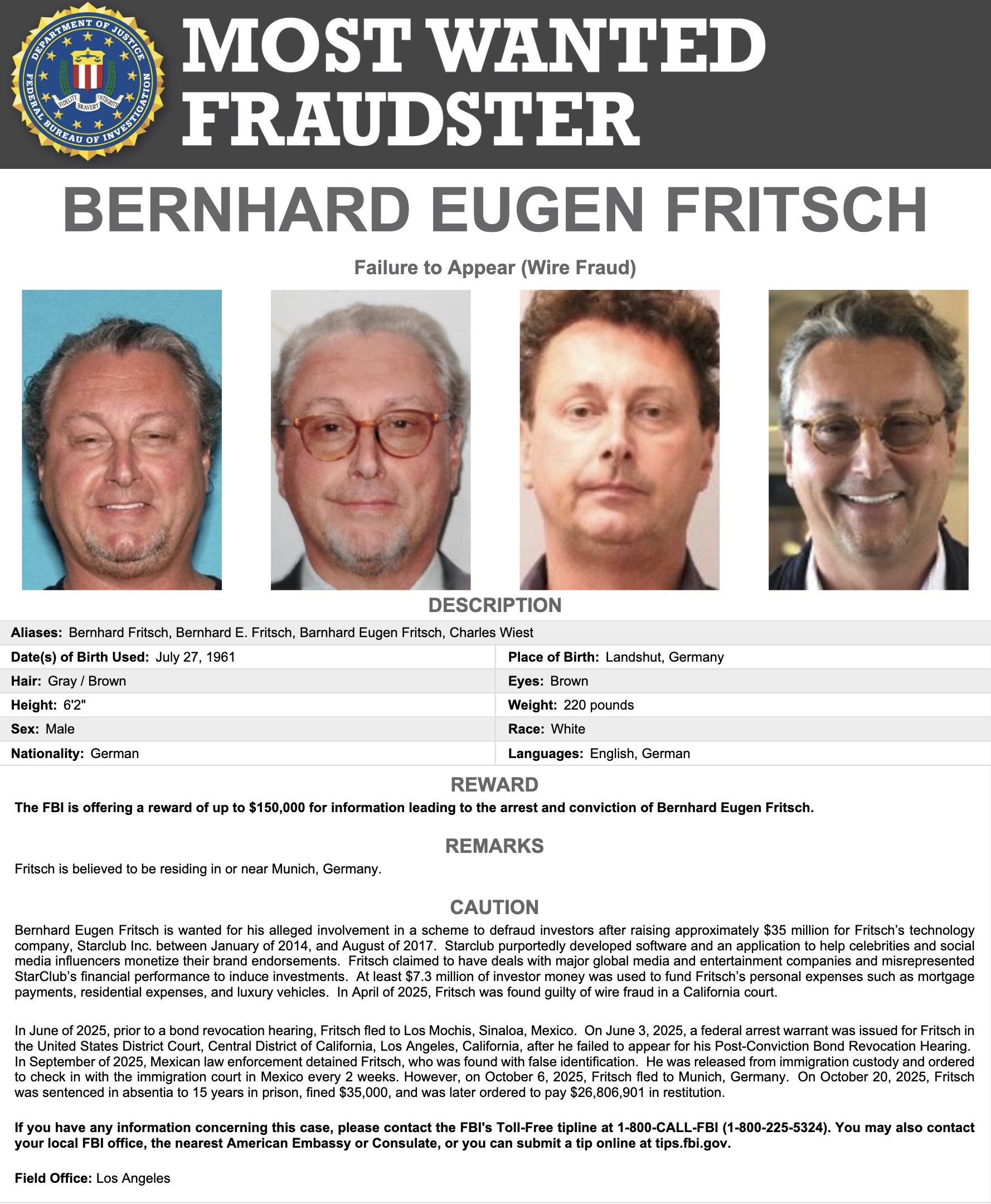 Bernhard Eugen Fritsch FBI Most Wanted 