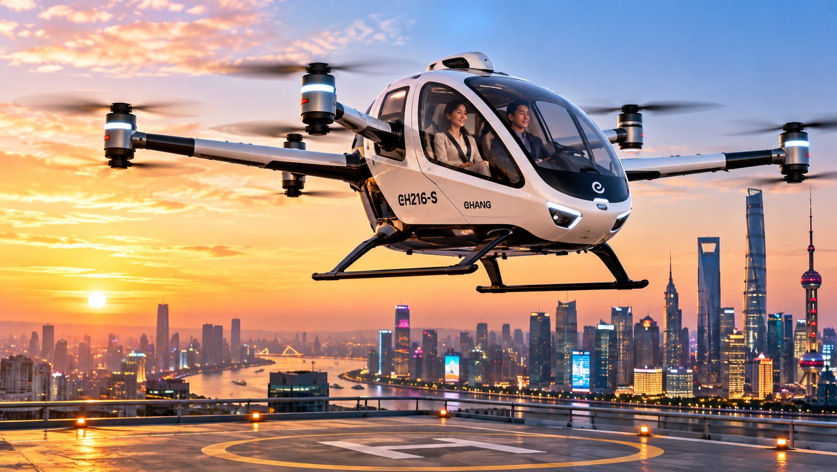 Futuristic Air Taxi Over Golden City Futuristic Air Taxi Over Golden City