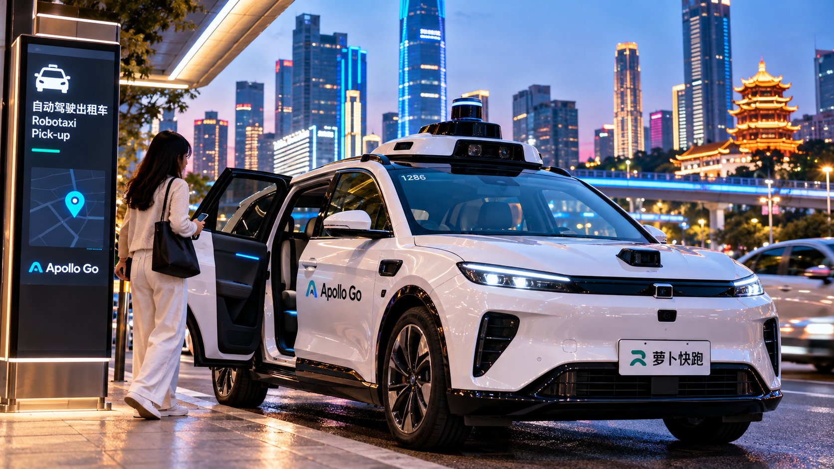 Futuristic Robotaxi Pickup at Dusk Futuristic Robotaxi Pickup at Dusk