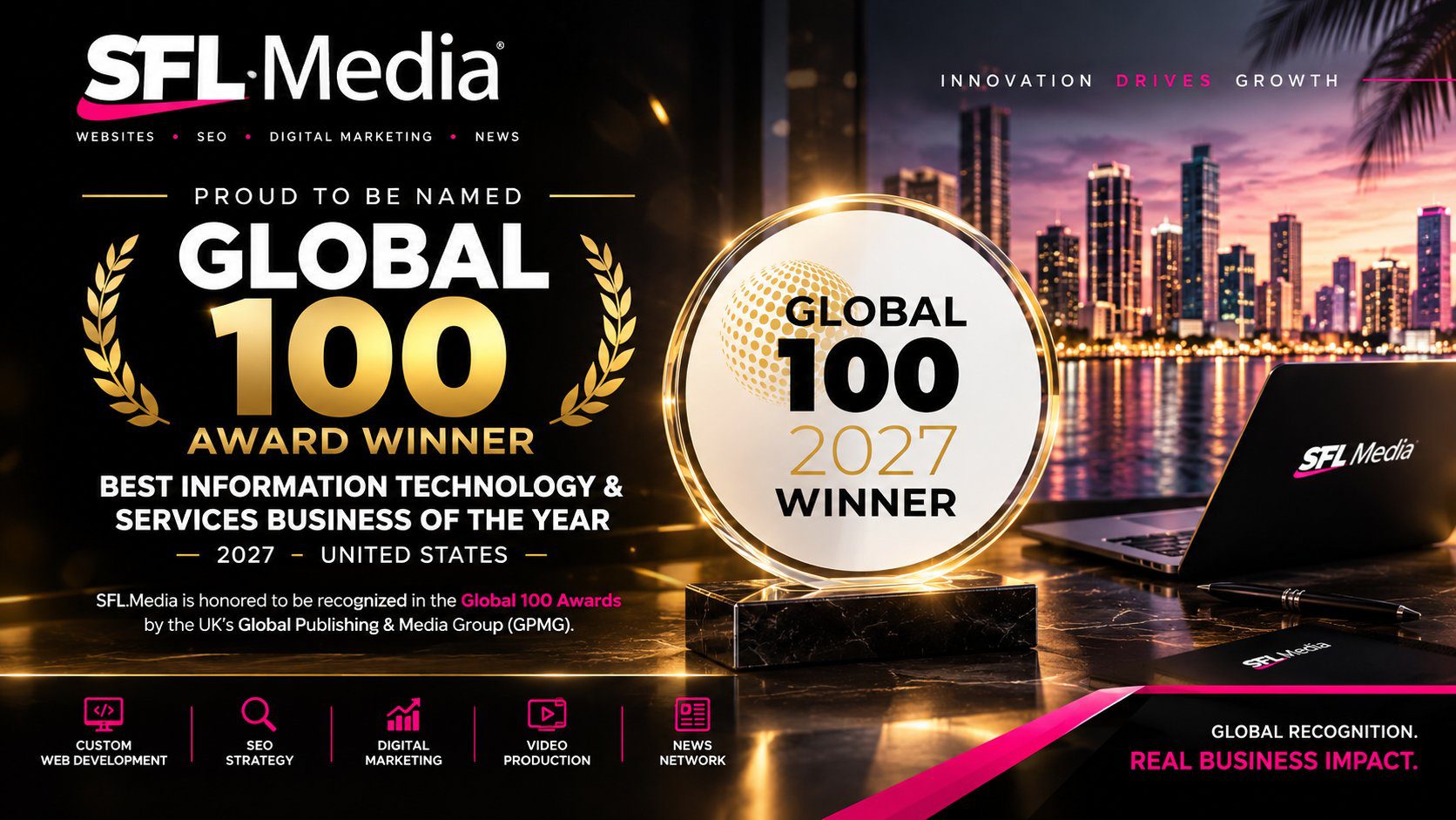 SFL.Media Global 100 Award 2027 hero image featuring a pink and black design, award trophy, digital technology services, and a Miami skyline.